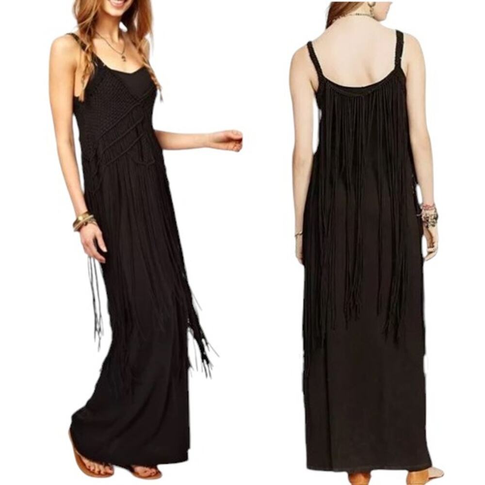 DENIM & SUPPLY RALPH LAUREN Macrame Fringe Maxi Boho Dress Black Women's Small - Picture 1 of 16